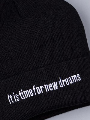 Шапка вязаная для девочки на отвороте надпись "it is time for new dreams", черный