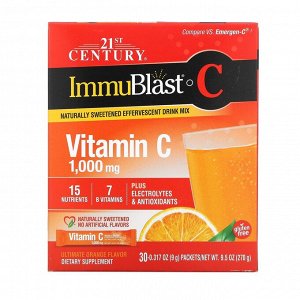 21st Century, ImmuBlast-C, смесь для приготовления шипучего напитка, апельсин, 1000 мг, 30 пакетиков, 9 г (0,317 унции) каждый