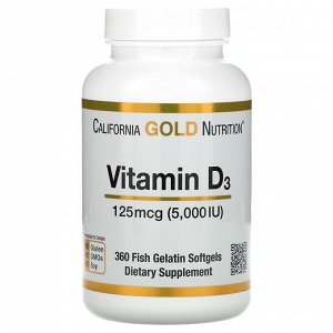 California Gold Nutrition, витамин D3, 125 мкг (5000 МЕ), 360 капсул из рыбьего желатина