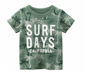 Футболка детская, принт "Пальмы", надпись "Surf Days", цвет зеленый