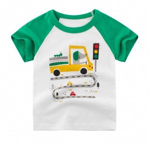 Футболка детская, принт "Автомобиль на дороге", цвет белый/зеленый
