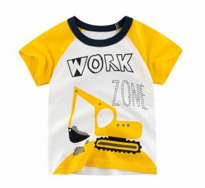 Футболка детская, принт "Экскаватор", надпись "Work Zone", цвет белый/желтый