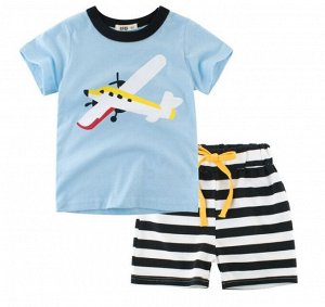 Костюм детский, голубая футболка с принтом "Самолет", полосатые черно-белые шорты