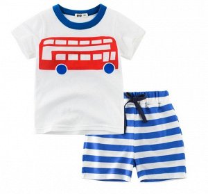 Костюм детский, белая футболка с принтом "Автобус", полосатые сине-белые шорты