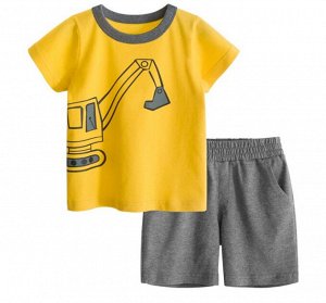 Костюм детский, желтая футболка с принтом "Экскаватор", серые шорты