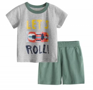 Костюм детский, серая футболка с принтом "гоночная машина", зеленые шорты