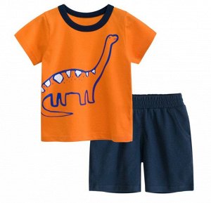 Костюм детский, оранжевая футболка с принтом "динозавр", темно-синие шорты