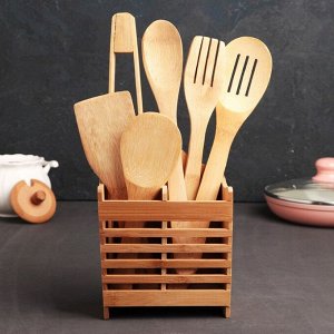 Набор кухонных принадлежностей «Дуновение леса», 7 предметов на подставке: щипцы, ложка, 4 лопатки