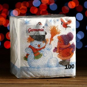 Новогодние салфетки бумажные Гармония цвета многоцветие "Снеговик и дети", 24*24 см 100 листов