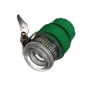 Коннектор с креплением на кран, 1/2" (12 мм) — 1/2" (12 мм), с хомутом, пластик, резина