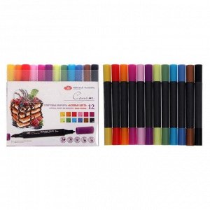 Набор художественных маркеров «Сонет», 12 цветов, спиртовая основа, двусторонний: пулевидная/скошенная, «Базовые цвета»