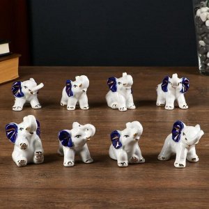 Сувенир керамика "Слонята" белые с синими ушками набор 8 шт 5,4х4х7 см