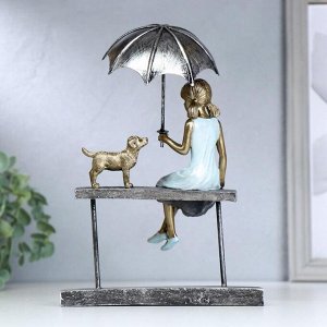 Сувенир полистоун "Девочка на скамейке под зонтом. с пёсиком" синий 22.5х16.5х5.3 см