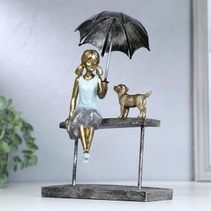 Сувенир полистоун "Девочка на скамейке под зонтом. с пёсиком" синий 22.5х16.5х5.3 см