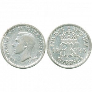 Великобритания 6 Пенсов 1943 год Серебро XF КМ# 852 Георг VI