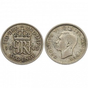 Великобритания 6 Пенсов 1945 год Серебро XF KM# 852 Король Георг VI