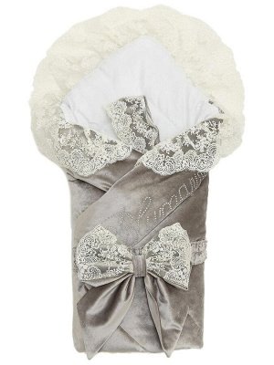 Зимний Конверт-одеяло на выписку "Блюмарим" (бежевый с молочным кружевом, стразами и бантом) без пледа