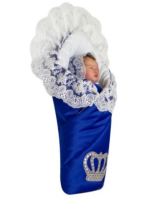Зимний конверт-одеяло на выписку "Империя" синий с молочным кружевом и большой короной на липучке