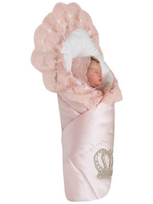Конверт-одеяло на выписку "Империя" нежно-розовый Атлас с розовым кружевом и большой короной на липучке