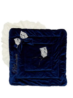 Летний конверт-одеяло на выписку "Блюмарим" (темно-синий с молочным кружевом, стразами и бантом)