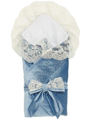 Летний конверт-одеяло на выписку "Блюмарим" (голубой с молочным кружевом, стразами и бантом)