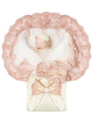 Конверт-одеяло на выписку "Королевский" (молочный с розовым кружевом)