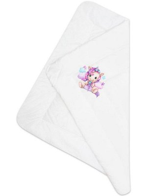 Летний конверт-одеяло на выписку "Единорожка" (белое, принт без кружева)