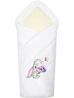 Зимний конверт-одеяло на выписку "Зайчонок" (белое, принт без кружева)