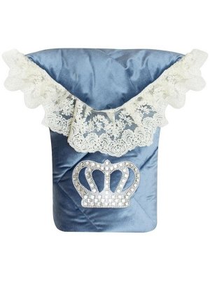 Зимний Конверт-одеяло на выписку "Императорский" (голубой с молочным кружевом и большой короной на липучке) без пледа
