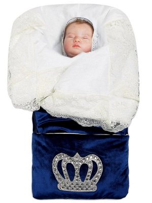 Летний конверт-одеяло на выписку "Императорский" (темно-синий с молочным кружевом и большой короной на молнии)