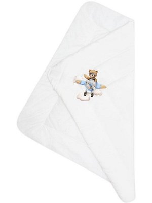 Конверт-одеяло на выписку "Мишка пилот" (белое, принт без кружева)