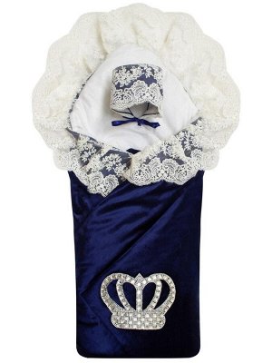 Конверт-одеяло на выписку "Императорский" (темно-синий с молочным кружевом и большой короной на липучке)