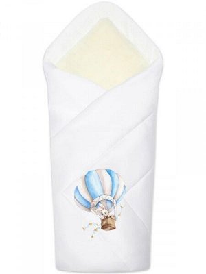 Зимний конверт-одеяло на выписку "Зайка на воздушном шаре" (белое, принт без кружева)