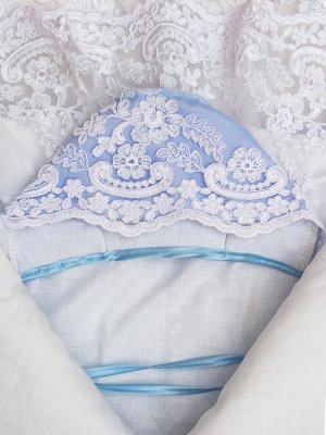 Конверт-одеяло на выписку "Королевский" (голубой с белым кружевом)