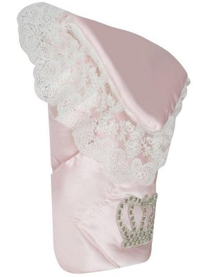 Конверт-одеяло на выписку "Империя" нежно-розовый Атлас с белым кружевом и большой короной на липучке