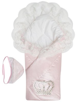 Зимний конверт-одеяло на выписку "Империя" нежно-розовый атлас с белым кружевом и большой короной на липучке