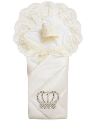 Летний конверт-одеяло на выписку "Империя" молочный с молочным кружевом и большой короной на липучке