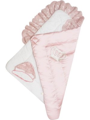 Зимний конверт-одеяло на выписку "Империя" утренняя роза с розовым кружевом и большой короной на липучке