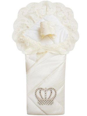 Зимний конверт-одеяло на выписку "Империя" молочный с молочным кружевом и большой короной на липучке без пледа
