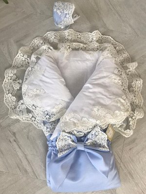 Зимний конверт-одеяло на выписку "Королевский" (голубой с молочным кружевом)