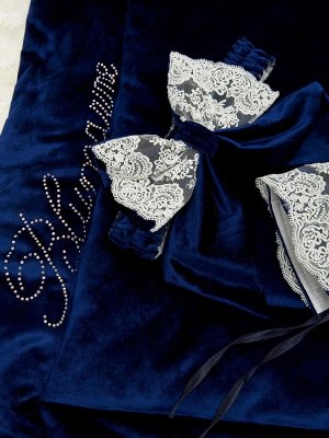 Зимний Конверт-одеяло на выписку "Блюмарим" (темно-синий с молочным кружевом, стразами и бантом) без пледа