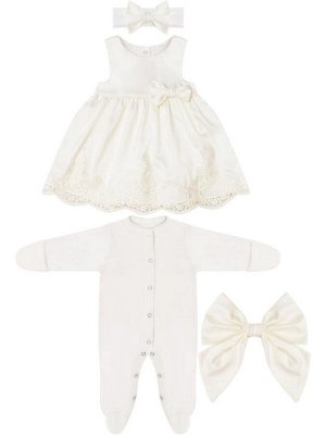Luxury Baby Комплект на выписку &quot;Принцесса&quot; Русский Сатин комбинезон и платье (молочное с молочным кружевом)