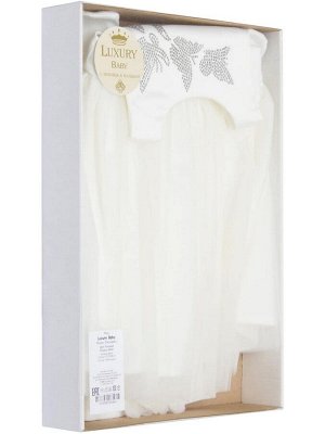 Комплект на выписку &quot;Бабочка&quot; комбинезон и платье (молочное с молочной юбкой)