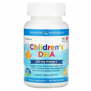 Nordic Naturals, Children's DHA, ДГК для детей, со вкусом клубники, для детей 3–6 лет, 250 мг, 180 мини-капсул