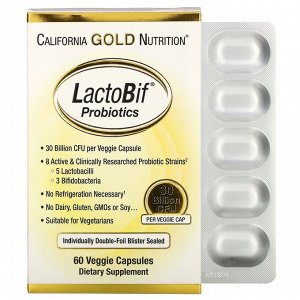 Пробиотики California Gold Nutrition, Пробиотики LactoBif, 30 млрд КОЕ, 60 овощных капсул
alifornia Gold Nutrition пробиотики LactoBif
Выпускается в следующих формах: по 5, 30 и 100 млрд КОЕ в одной к