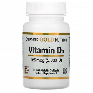 California Gold Nutrition, Витамин D3, 125 мкг (5000 МЕ), 90 рыбно-желатиновых мягких таблеток