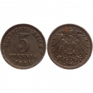 Германия 5 Пфеннигов 1921 F год XF KM# 19 (КОЮ) (#ФР-00118608)