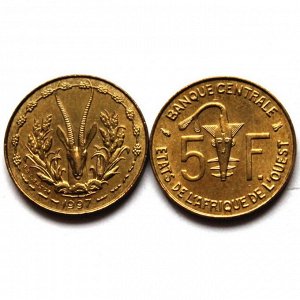 ЗАПАДНЫЕ АФРИКАНСКИЕ ГОСУДАРСТВА 5 франков 1997 UNC!! АНТИЛОПА