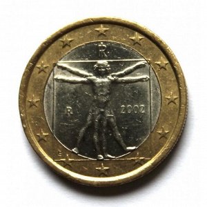 ИТАЛИЯ 1 евро 2002 «ГАРМОНИЧНЫЙ ЧЕЛОВЕК» ЛЕОНАРДО ДА ВИНЧИ