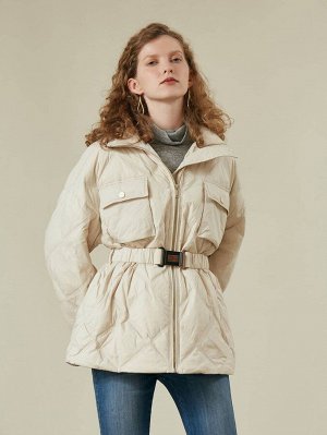 Пуховое пальто с поясом и карманом